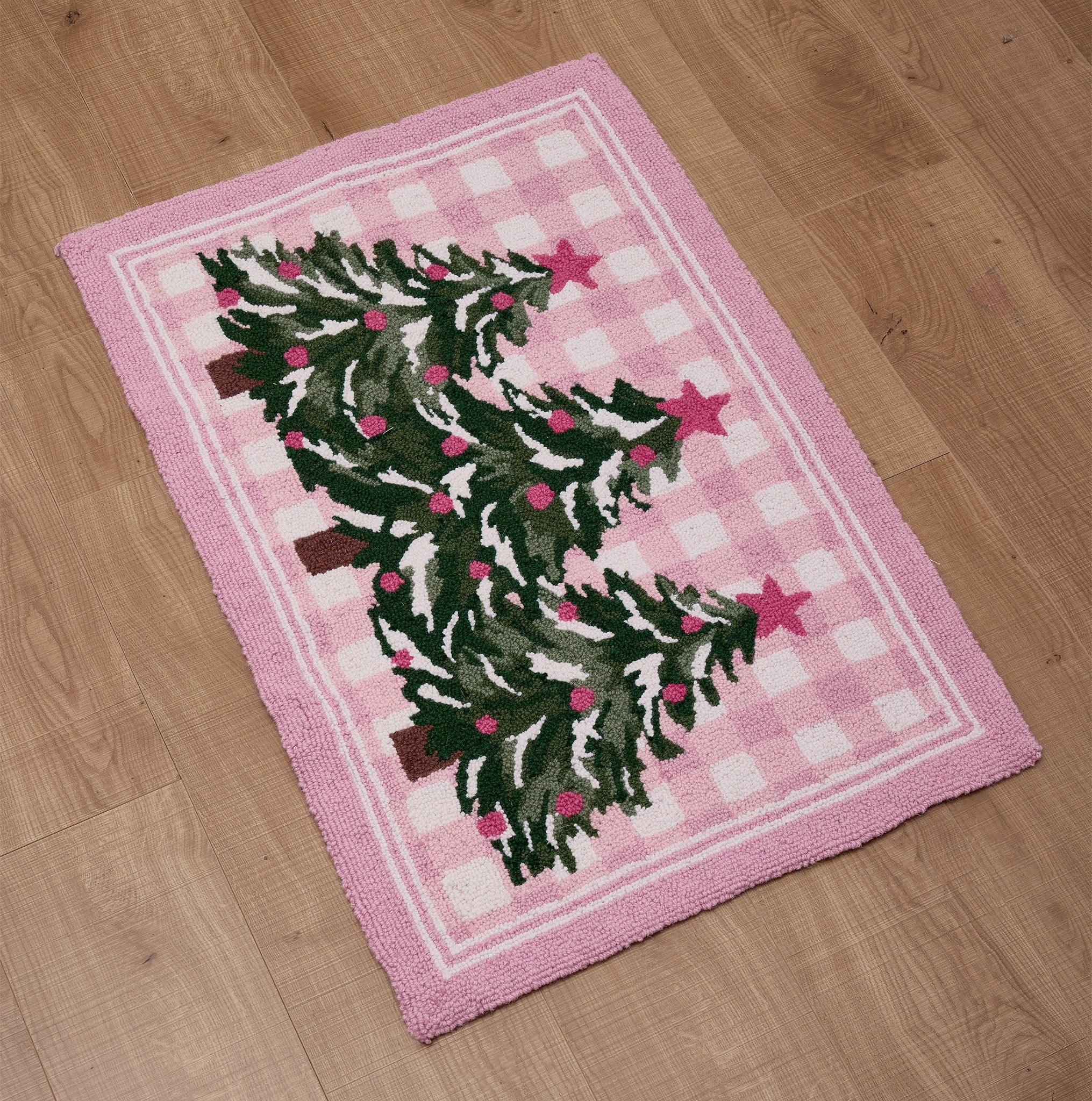 Whimsy Christmas Trees Hooked Wool Rug styled in a room setting, 2x3 feet