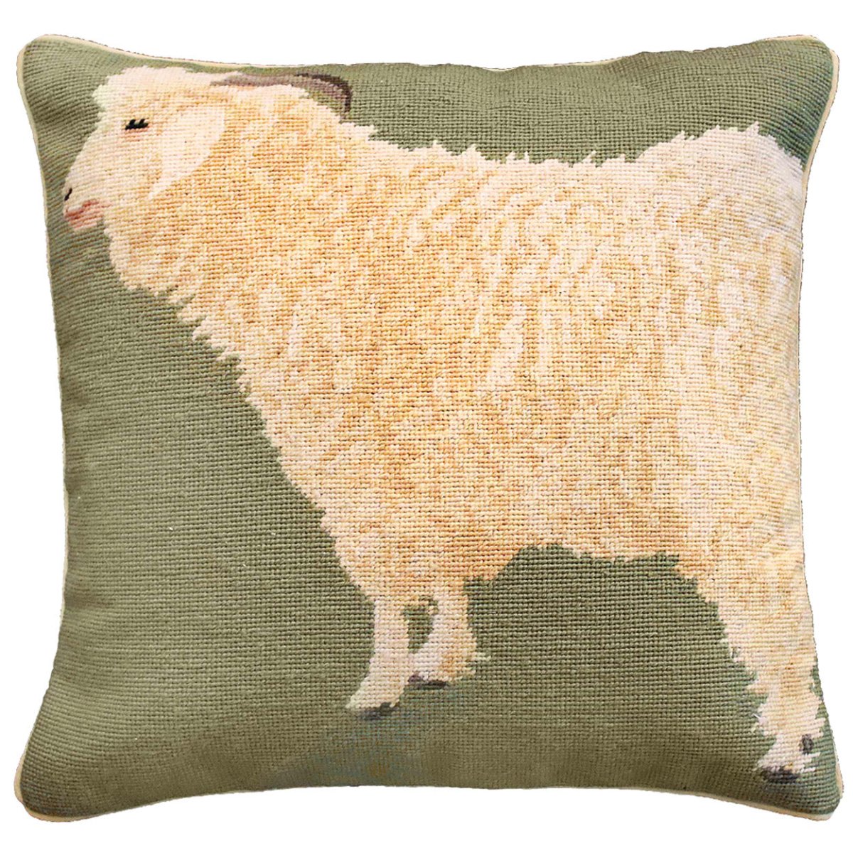 White Angora Goat Farm needlepoint throw pillow with artisan decorative design