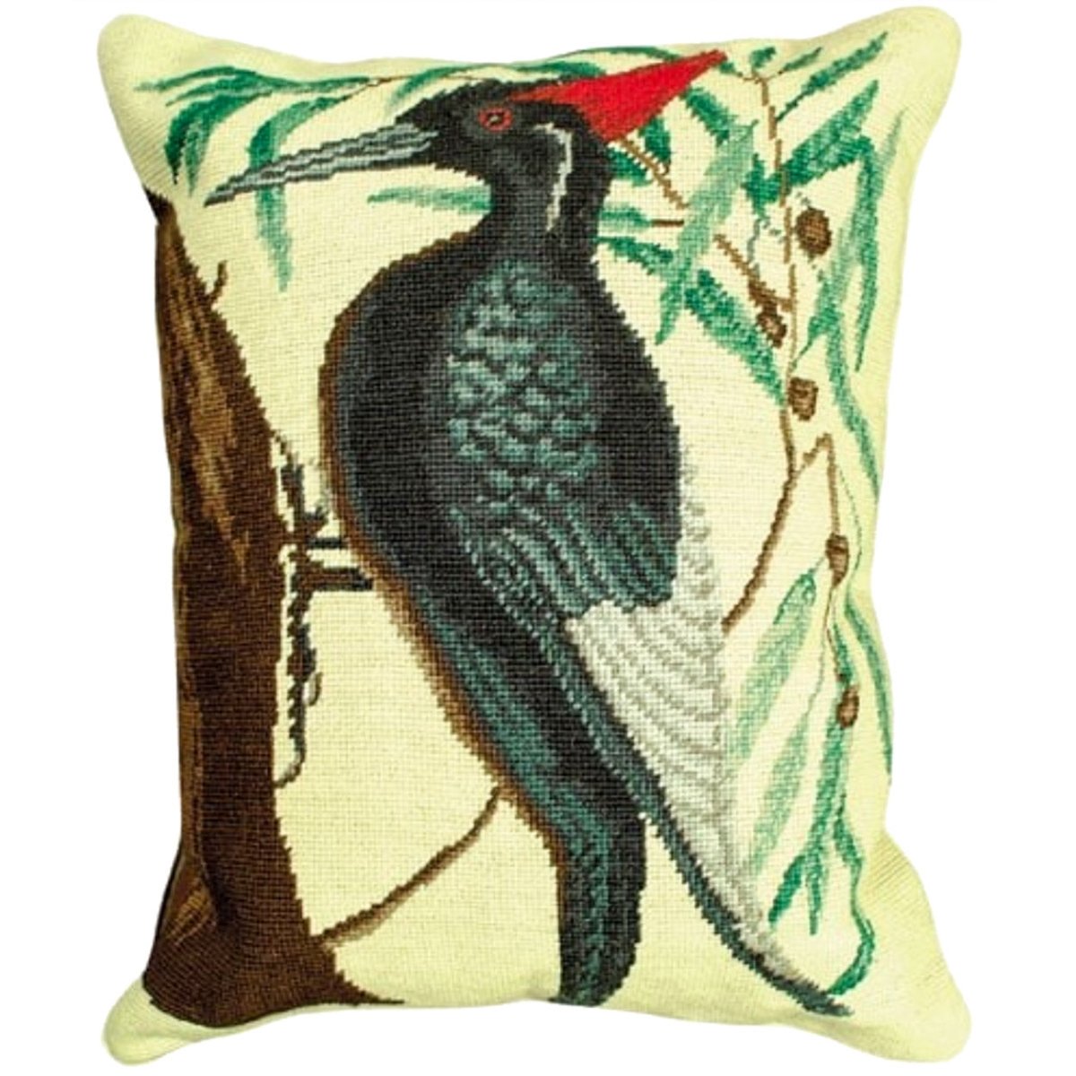 White Bill Woodpecker Aubudon needlepoint throw pillow with artisan decorative design