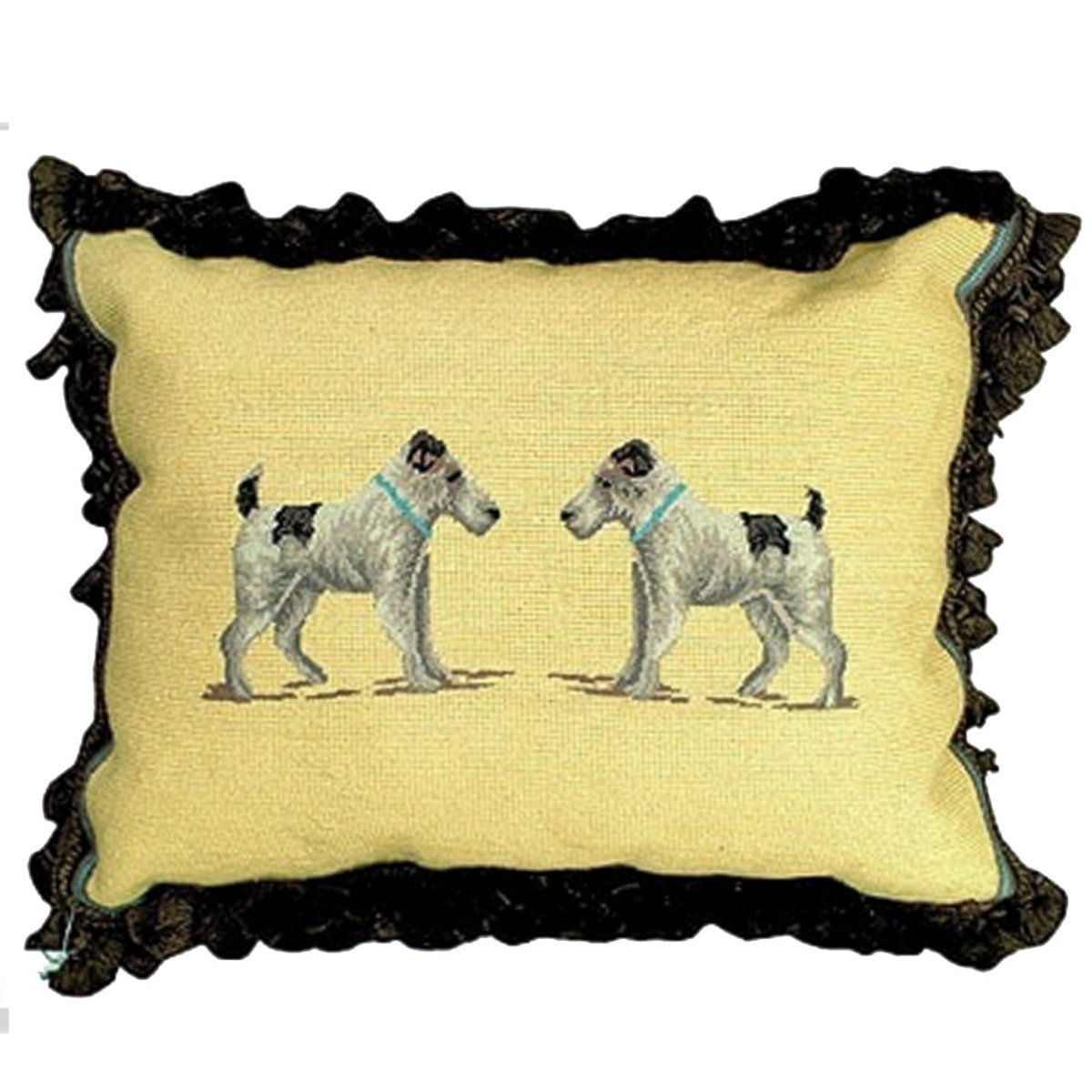 White Black Terrier needlepoint throw pillow with artisan decorative design