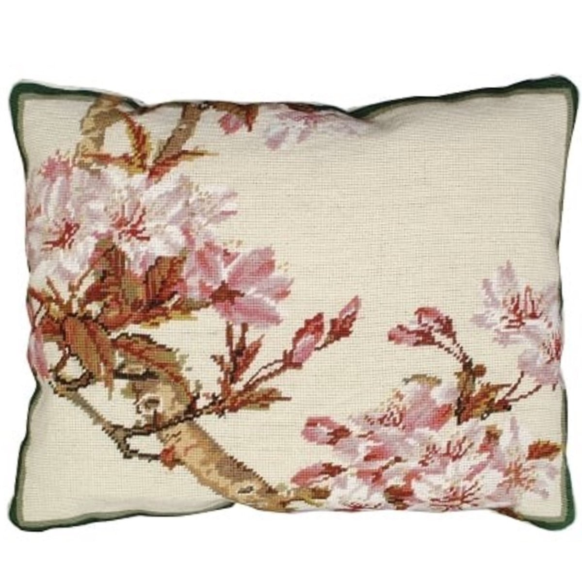 White Cherry Blossom needlepoint throw pillow with artisan decorative design
