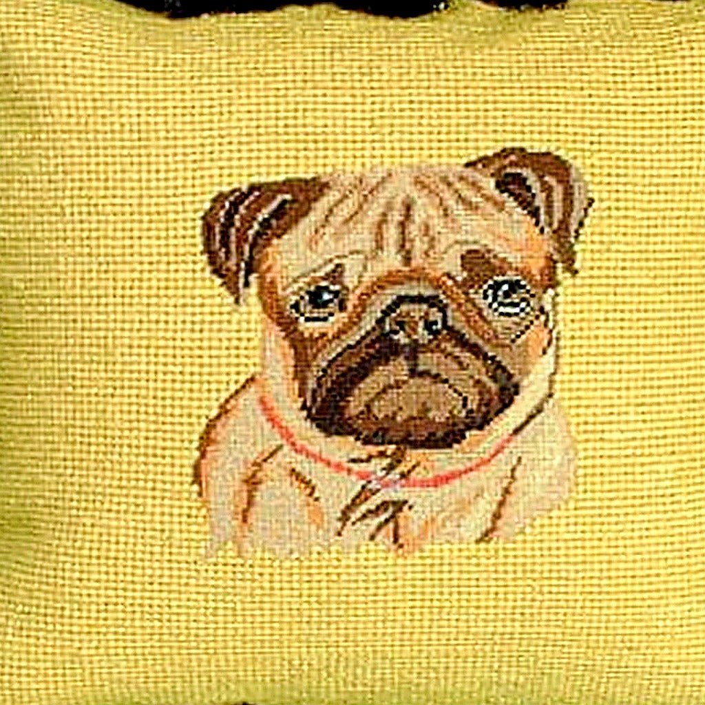 Hand-stitched wool detail of White Fawn Pug Dog Lover needlepoint pillow showing intricate weave pattern and texture