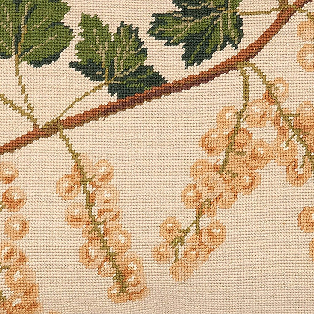 Closeup of White Floral Currants Botanical needlepoint throw pillow highlighting hand-stitched wool craftsmanship and fabric detail