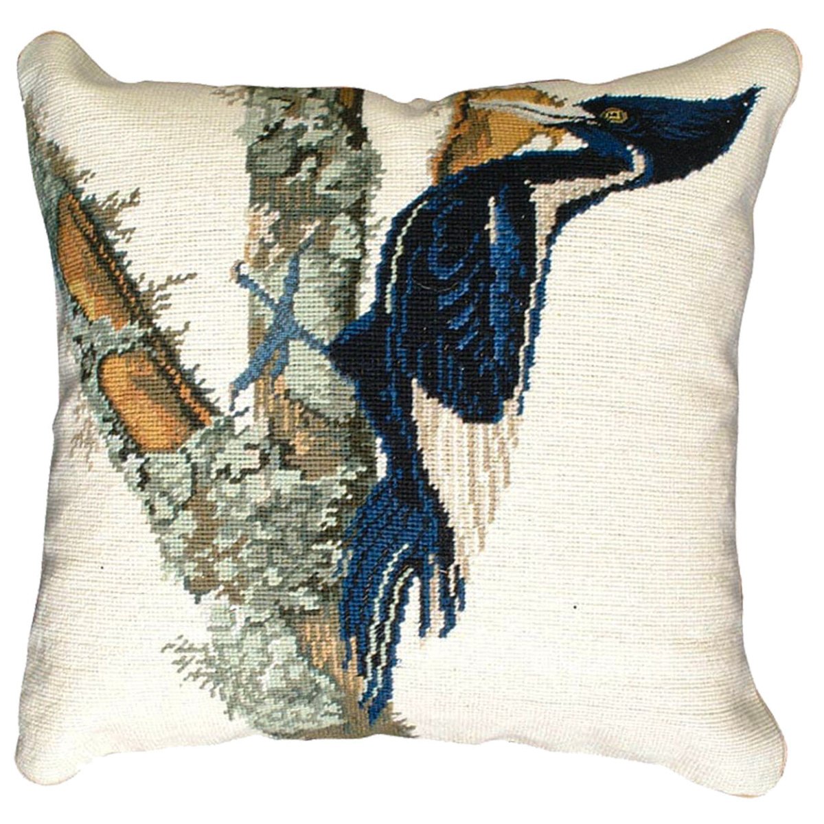 White Ivory Billed Woodpecker needlepoint throw pillow with rustic lodge-style design