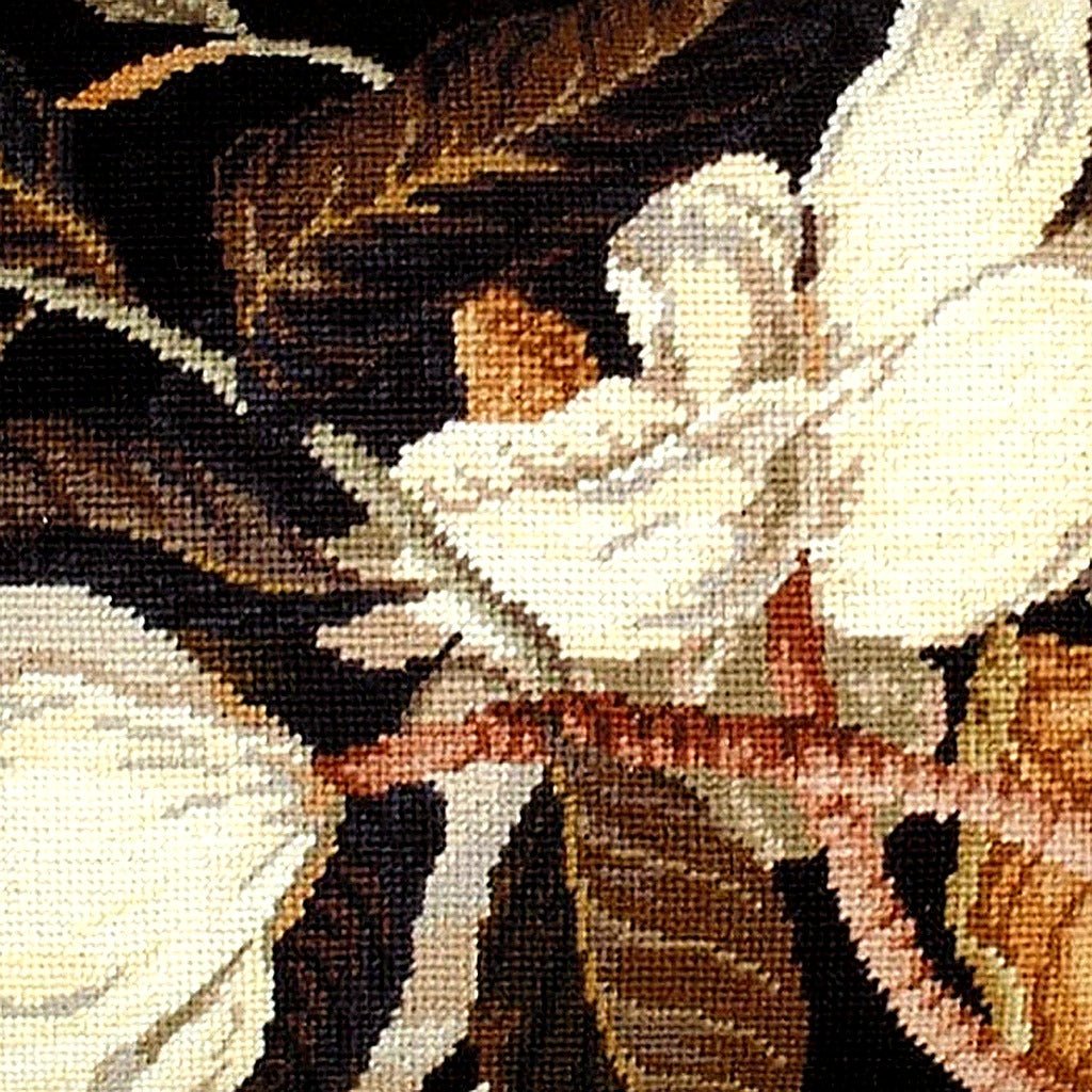 Closeup of White Magnolia Blossoms Botanical needlepoint throw pillow highlighting hand-stitched wool craftsmanship and fabric detail