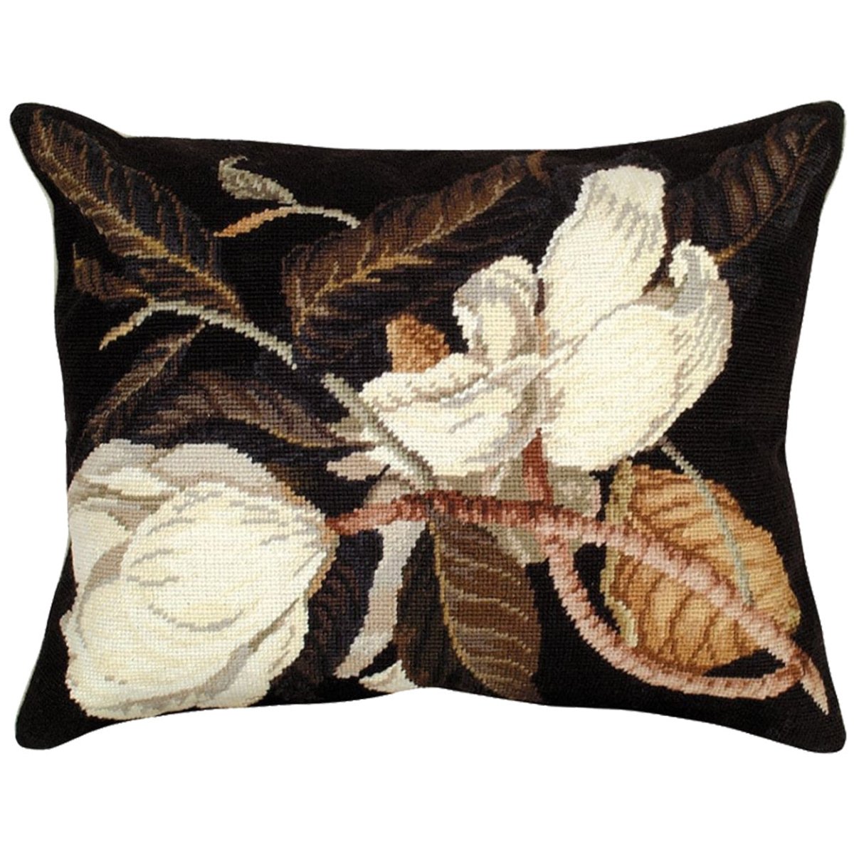 White Magnolia Blossoms needlepoint throw pillow with botanical floral design