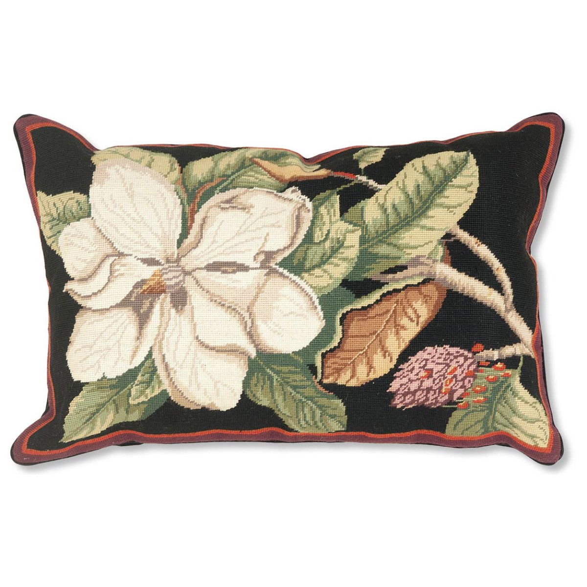 White Magnolia needlepoint throw pillow with botanical floral design