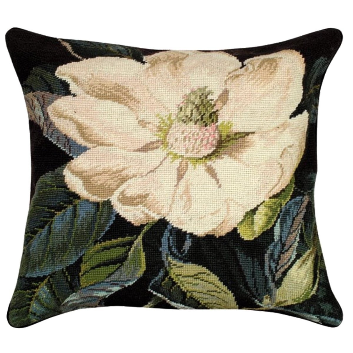 White Magnolia needlepoint throw pillow with artisan decorative design