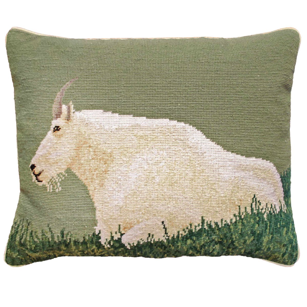 White Mountain Goat needlepoint throw pillow with rustic nature wildlife lodge design