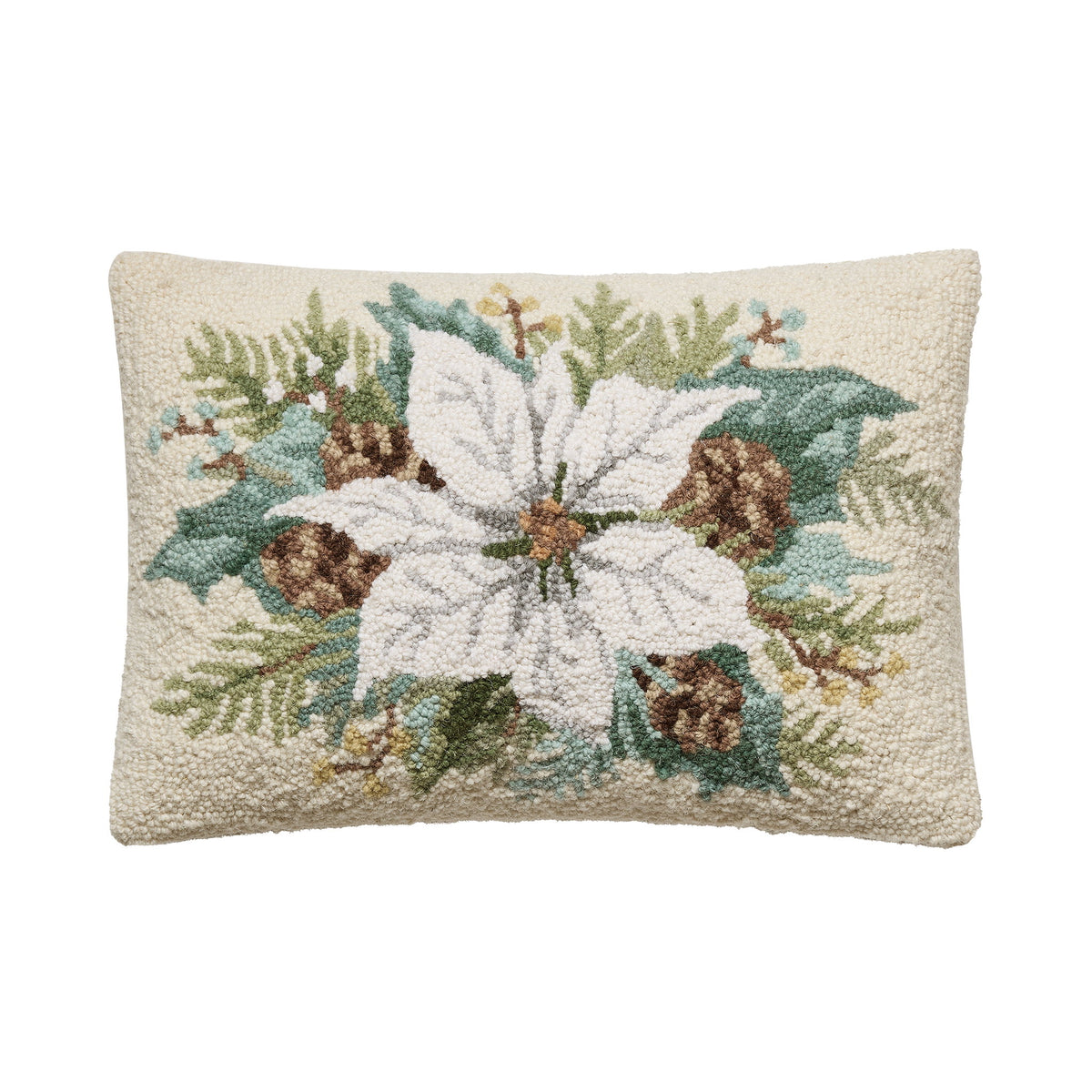 White Poinsettia with Pinecones Hooked Wool Christmas Throw Pillow, 12x18 inch, front view