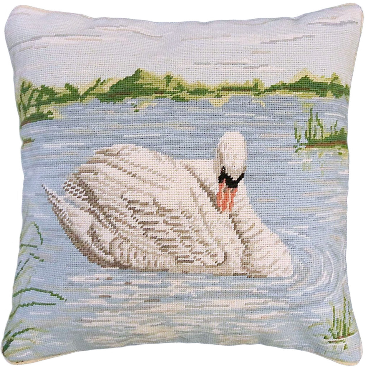 White Swan Lake needlepoint throw pillow with nautical coastal motifs