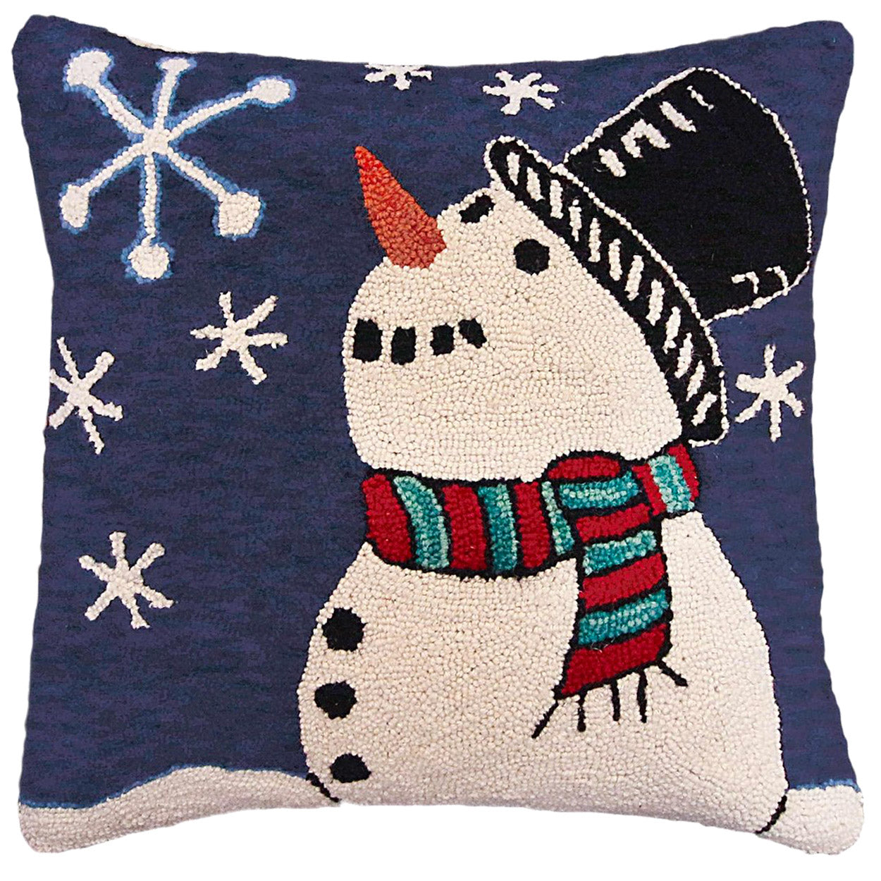 White Winter Snowman Seasonal hooked wool throw pillow with festive holiday seasonal design