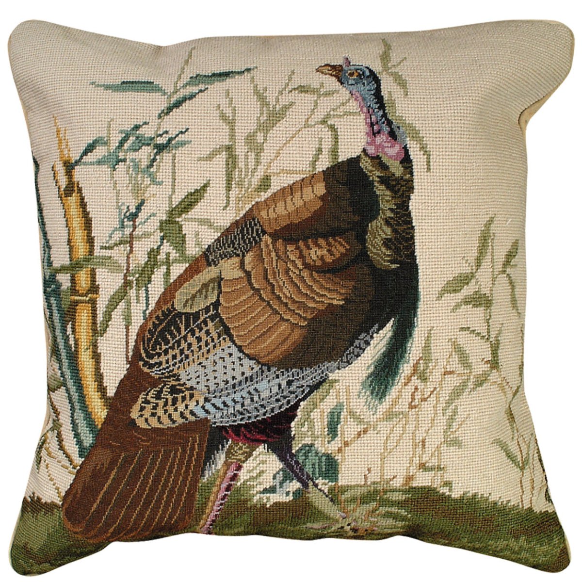 Wild Turkey Historic Audubon needlepoint throw pillow with rustic lodge-style design