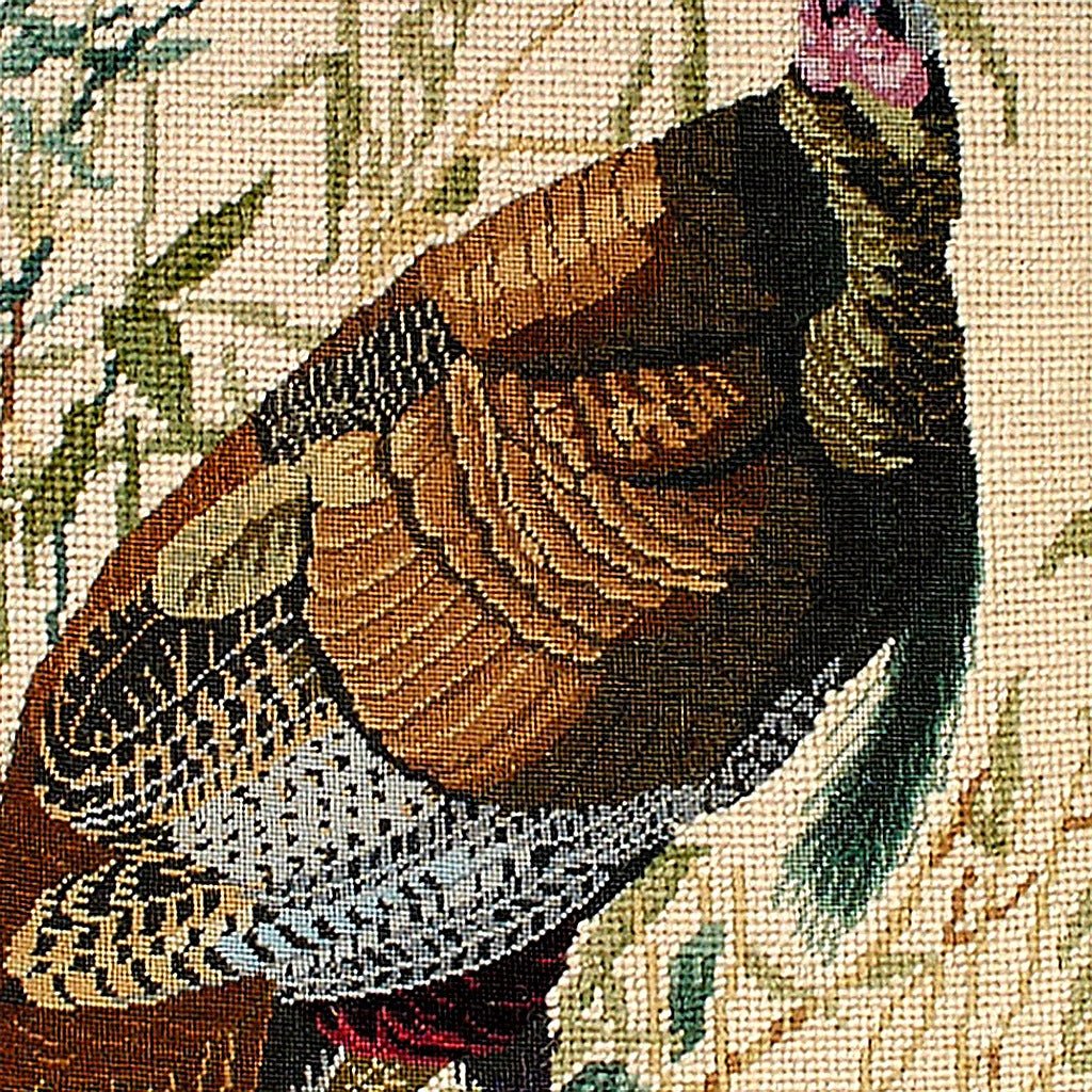 Wild Turkey Historic Audubon Lodge pillow fabric closeup showing hand-embroidered needlepoint wool texture and color detail