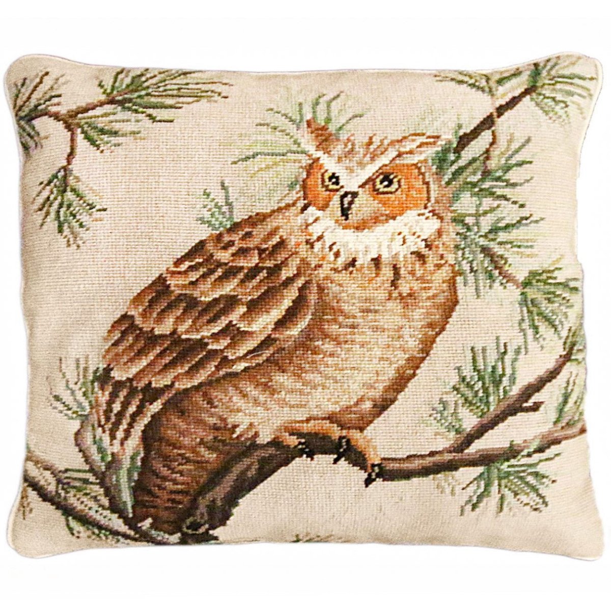 Barn Owl Brown needlepoint throw pillow with rustic nature wildlife lodge design