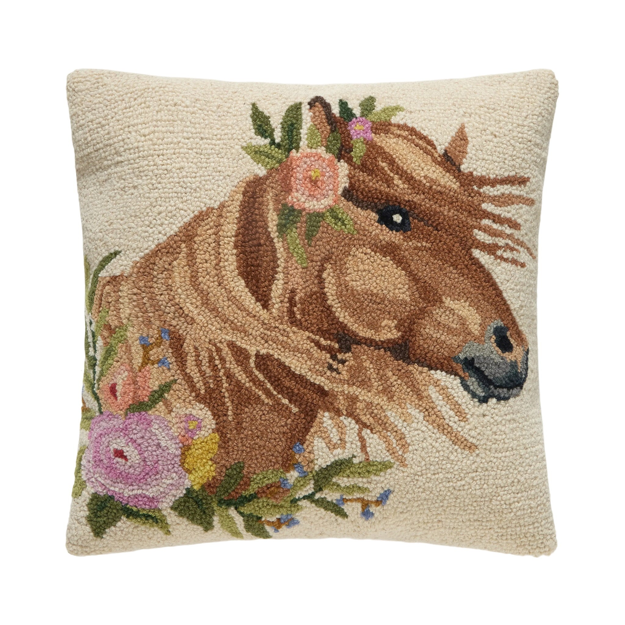 Windswept Horse Hooked Wool Throw Pillow, 18x18 inch, front view
