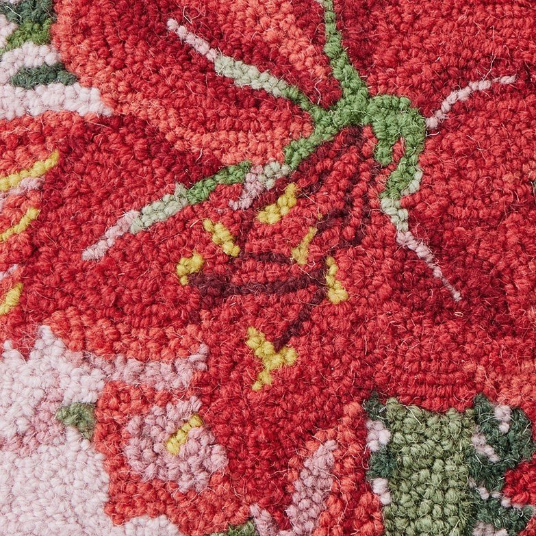 Winter Amaryllis on Pink Hooked Wool Christmas Throw Pillow, close-up detail