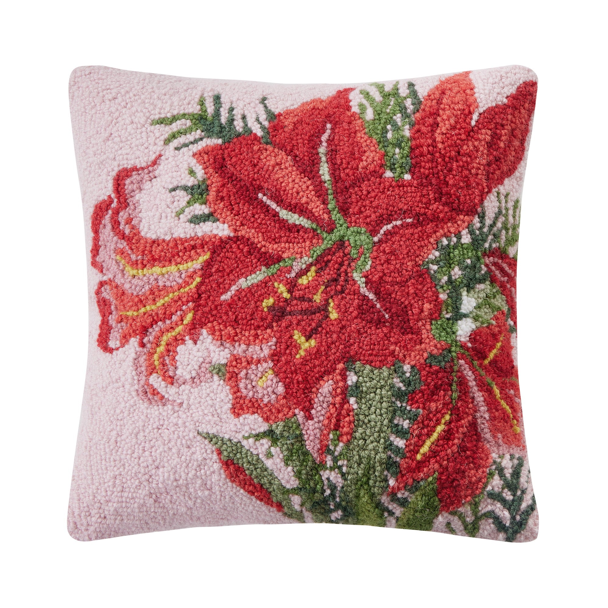 Winter Amaryllis on Pink Hooked Wool Christmas Throw Pillow, 16x16 inch, front view