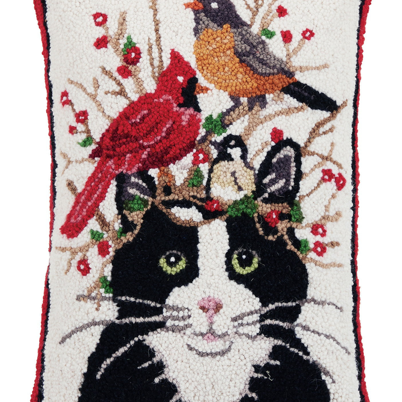 Winter Cat and Birds Hooked Wool Throw Pillow, 14x20 inch, front view