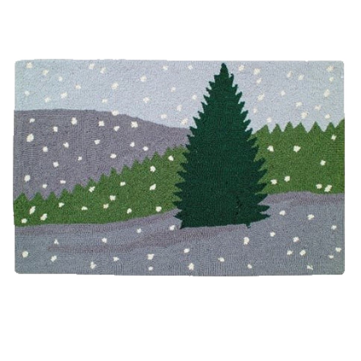 Winter Evergreen Tree Travel needlepoint accent rug with festive holiday seasonal design