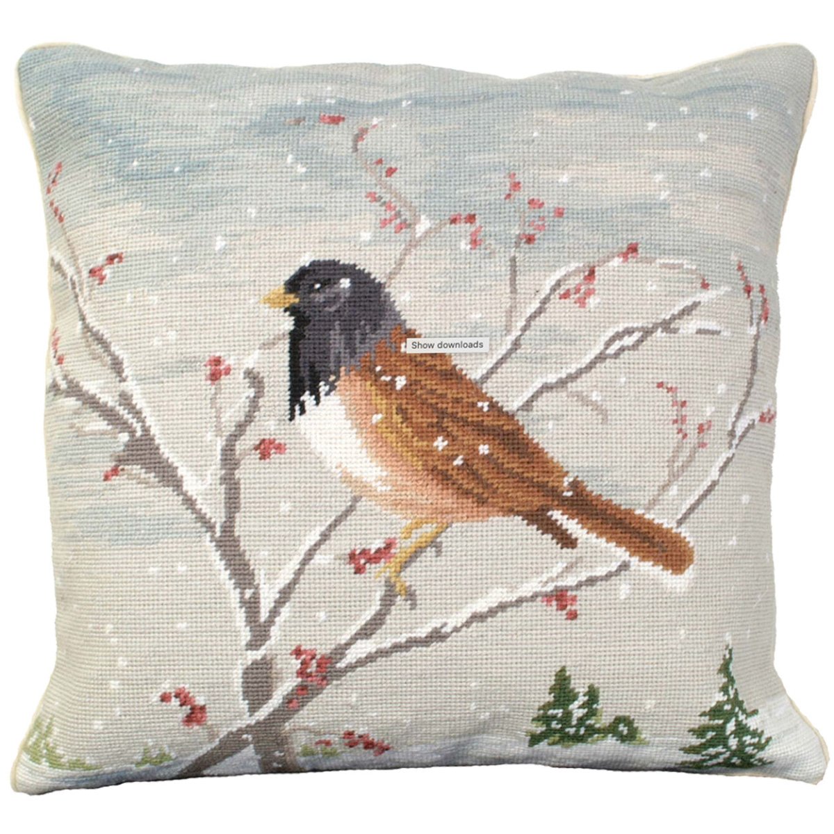 Winter Junco Bird needlepoint throw pillow with rustic nature wildlife lodge design