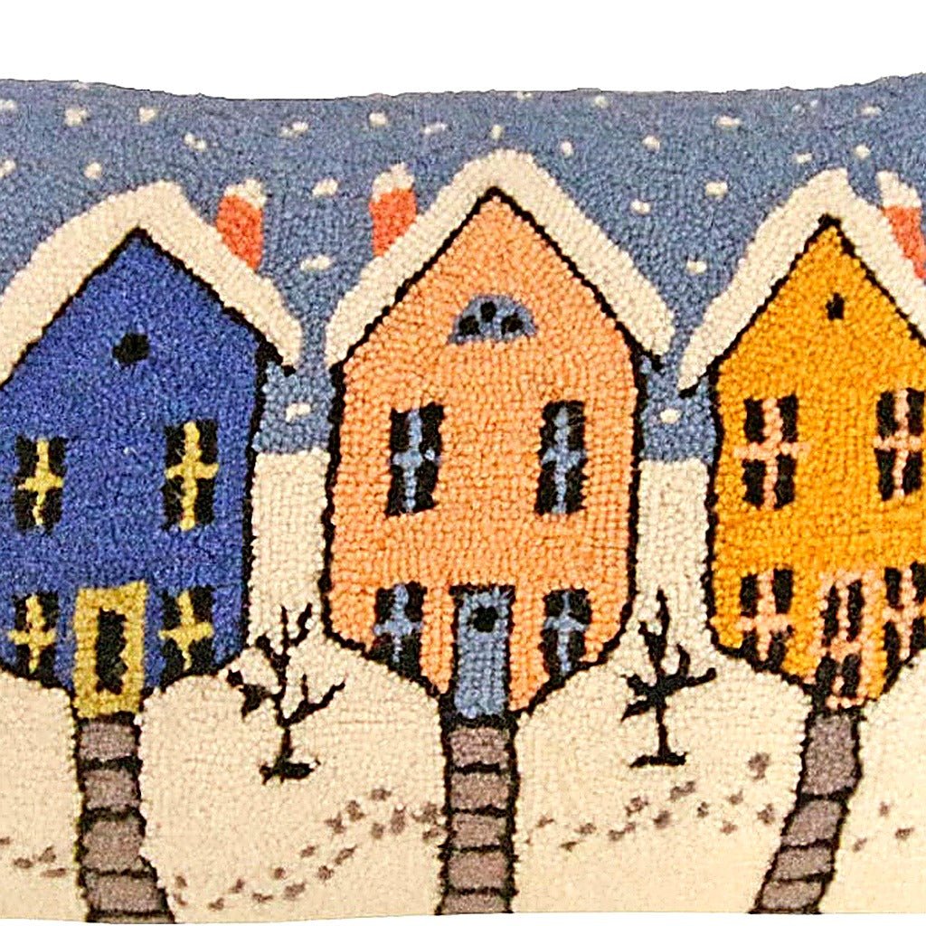 Winter Old Town Seasonal Wool Hooked pillow fabric closeup showing hand-embroidered needlepoint wool texture and color detail
