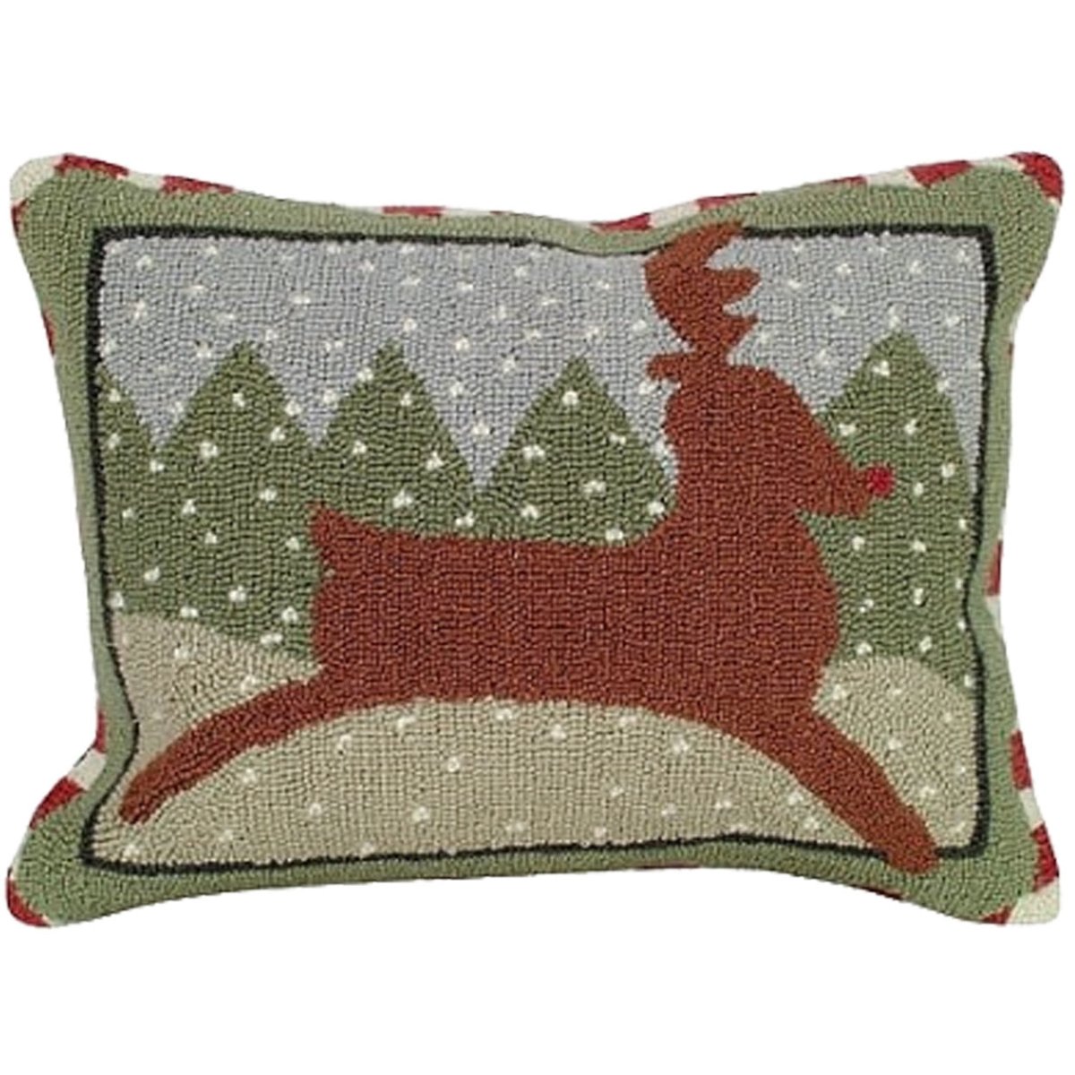 Winter Reindeer Woodland hooked wool throw pillow with festive holiday seasonal design