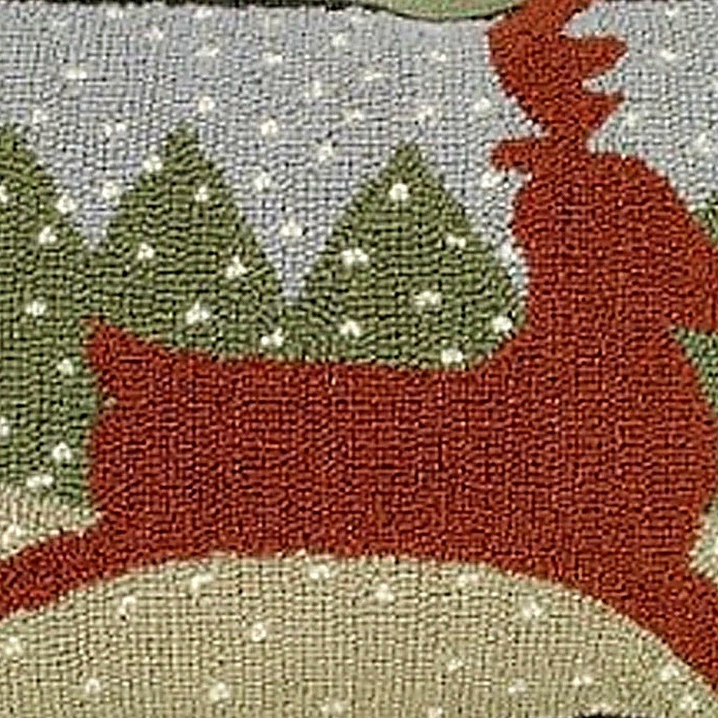 Hand-stitched wool detail of Winter Reindeer Holiday Woodland Wool Hooked needlepoint pillow showing intricate weave pattern and texture