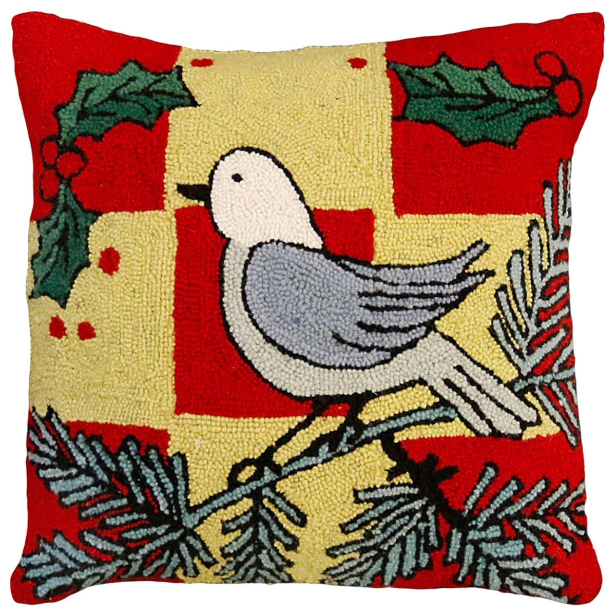 Winter White Bird Evergreen hooked wool throw pillow with detailed bird portrait