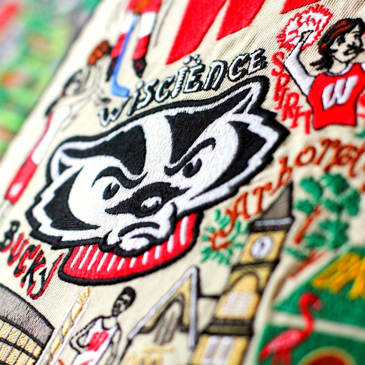 Wisconsin Badgers Embroidered College Pillow - close-up detail of hand-embroidered needlepoint stitching