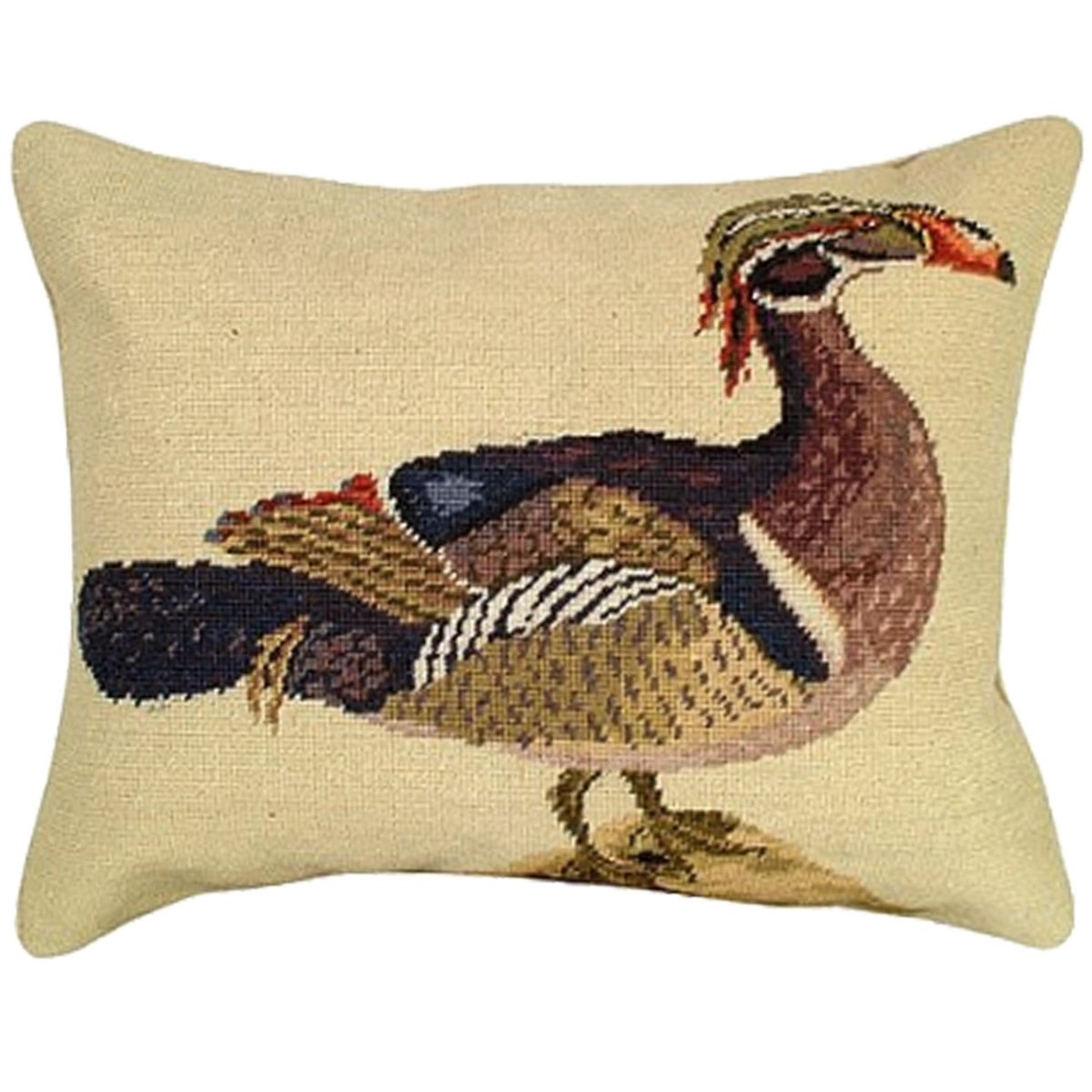 Wood Duck Colonial Williamsburg needlepoint throw pillow with artisan decorative design