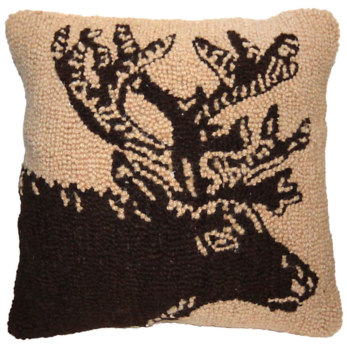 Woodcut Elk hooked wool throw pillow with rustic nature wildlife lodge design