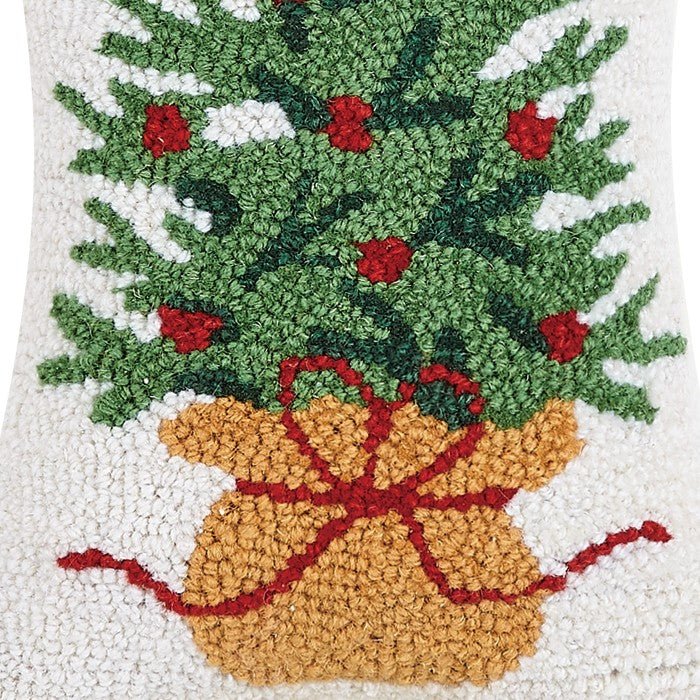 Wrapped Christmas Tree Hooked Wool Throw Pillow, close-up detail