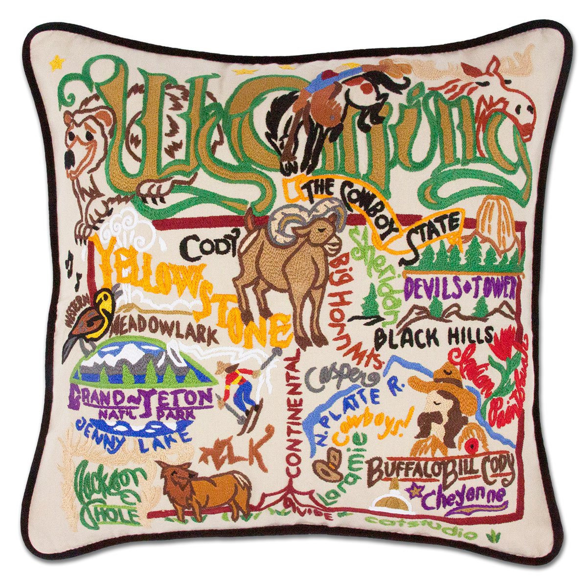 Wyoming State Cowboy hand-embroidered throw pillow showcasing iconic landmarks