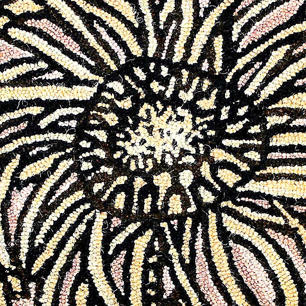 Closeup of Yellow Abstract Flower Wool Hooked needlepoint throw pillow highlighting hand-stitched wool craftsmanship and fabric detail