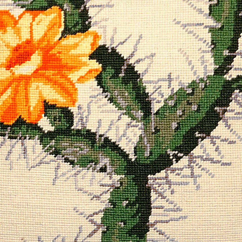 Hand-stitched wool detail of Yellow Flower Cactus Colonial needlepoint pillow showing intricate weave pattern and texture