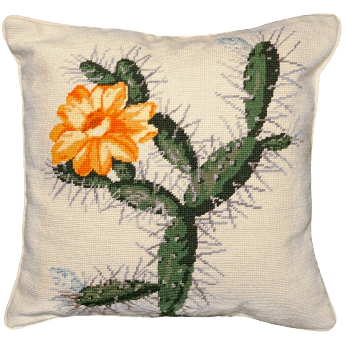 Yellow Flower Cactus Colonial needlepoint throw pillow with botanical floral design