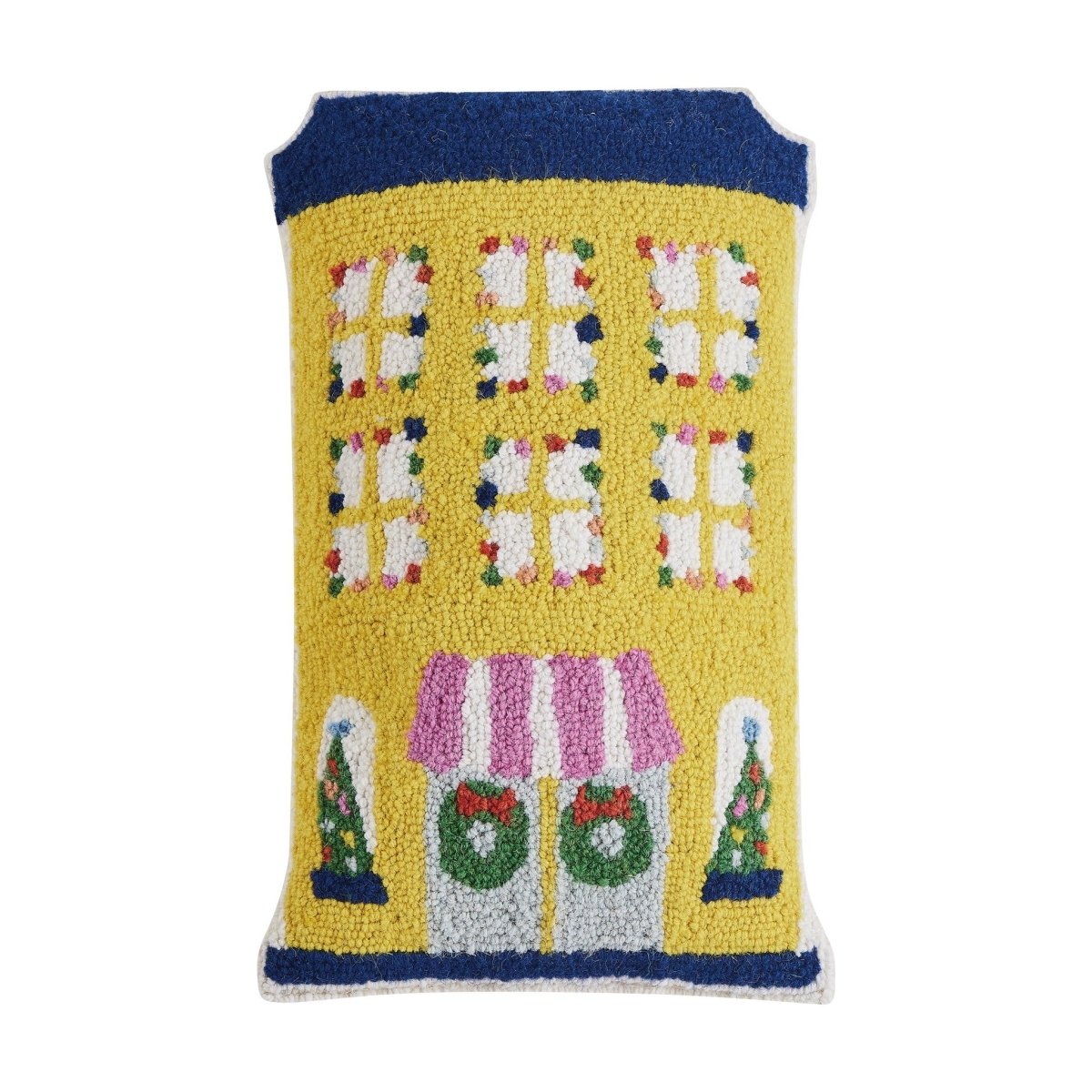 Yellow House Shaped Hooked Wool Christmas Throw Pillow, 12x18 inch, front view