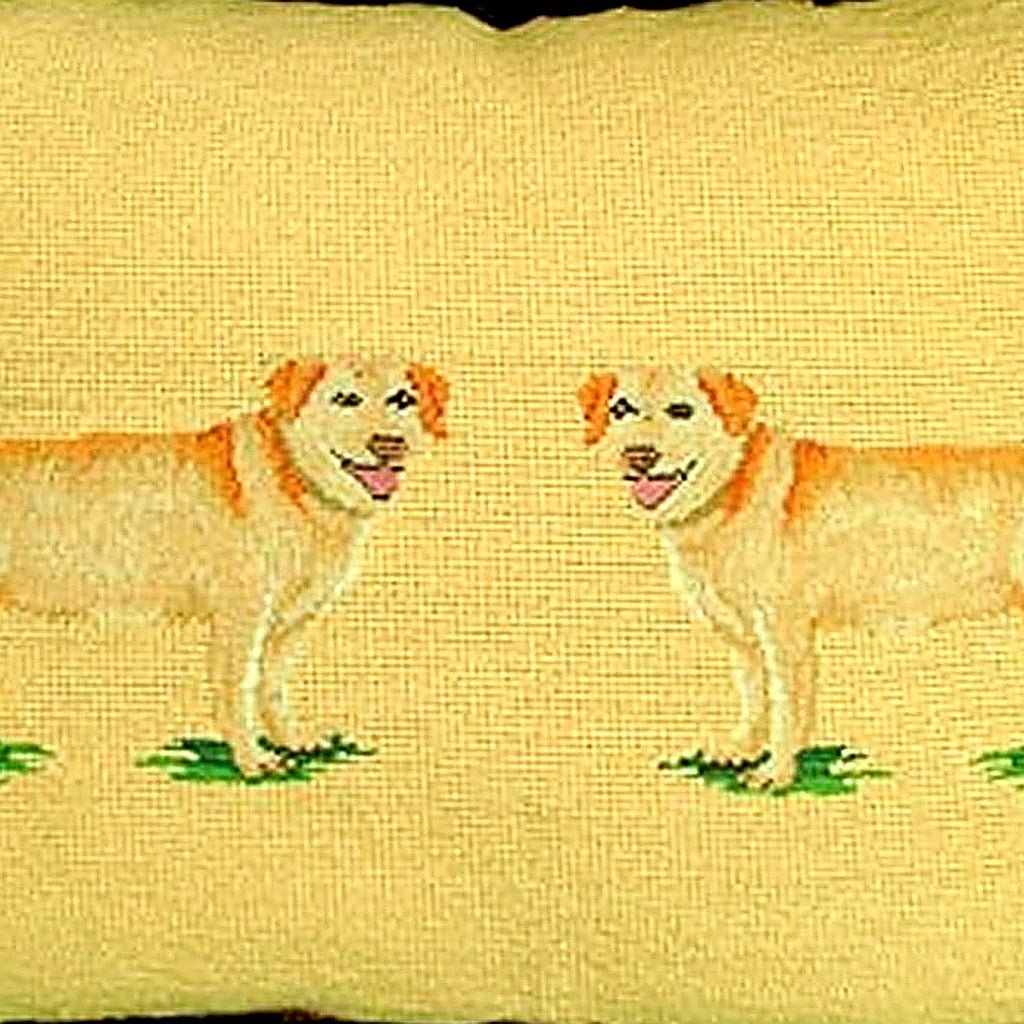 Hand-stitched wool detail of Yellow Lab Classic Dog Lover needlepoint pillow showing intricate weave pattern and texture