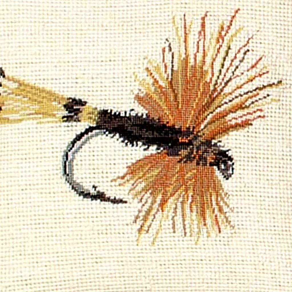 Hand-stitched wool detail of Yellow Tail Classic Fishing needlepoint pillow showing intricate weave pattern and texture