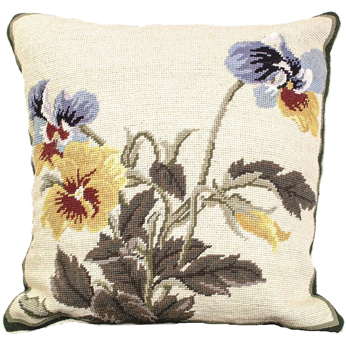 Yellow Violet Pansies needlepoint throw pillow with botanical floral design