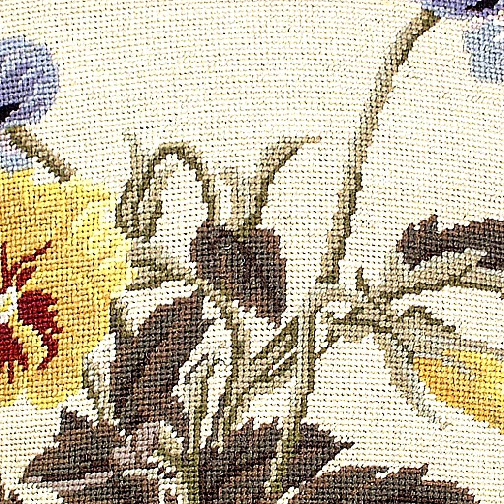 Yellow Violet Pansies Botanical pillow fabric closeup showing hand-embroidered needlepoint wool texture and color detail