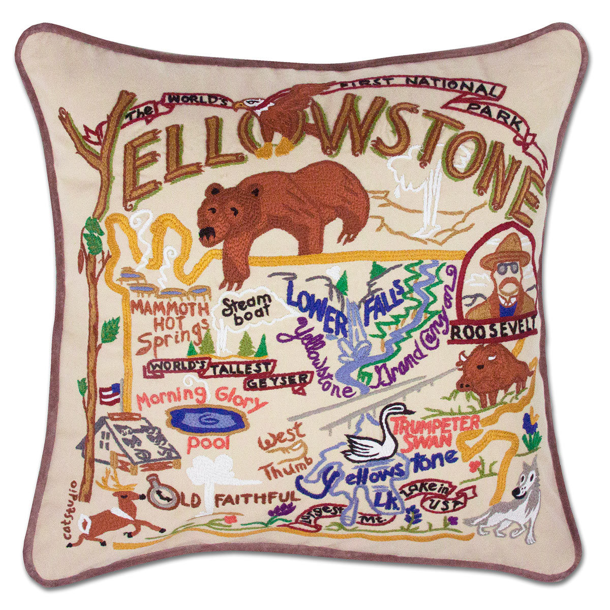 Yellowstone Geysers and Wildlife embroidered throw pillow with park wildlife.