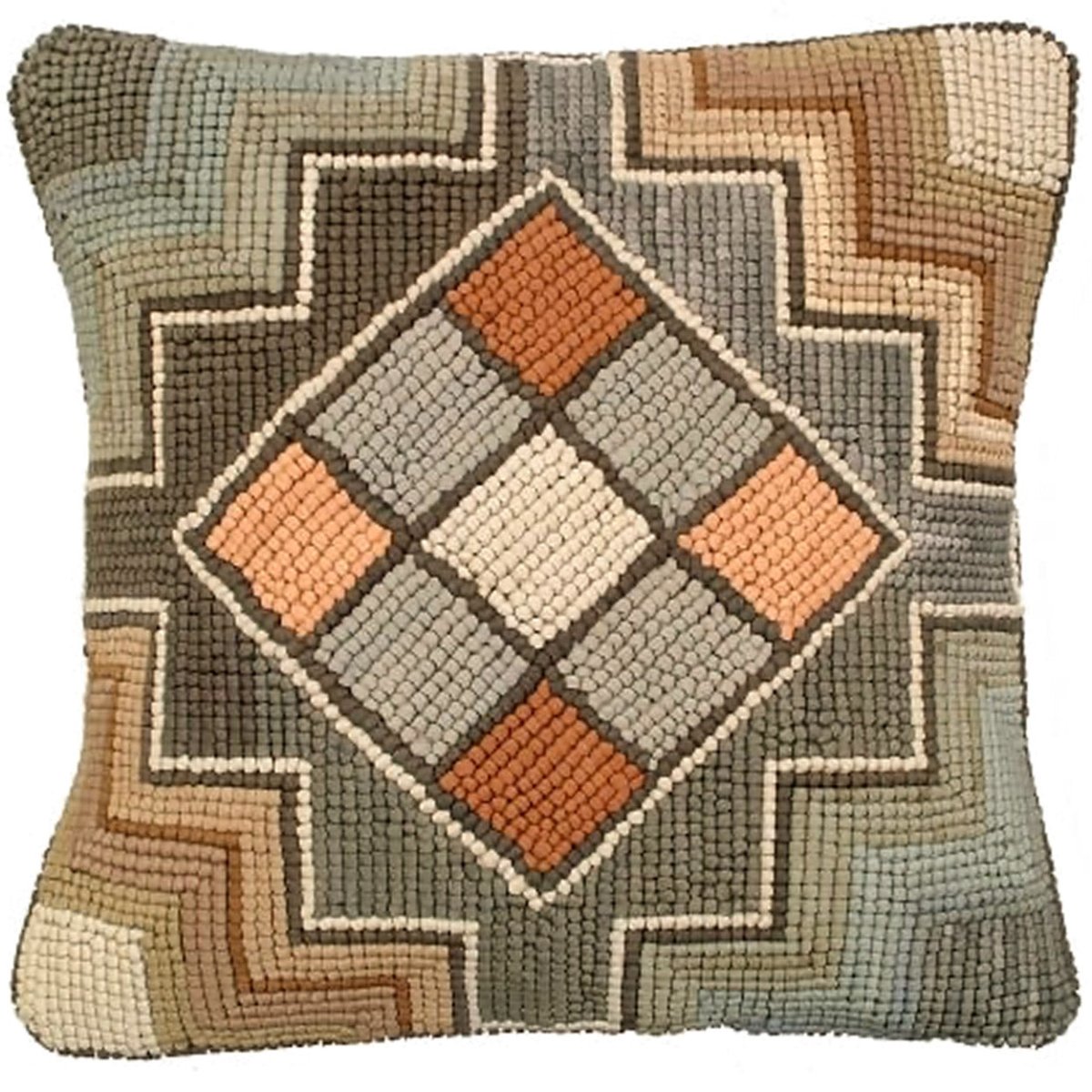 How to clean and care for needlepoint, hooked and embroidered pillows: a hand-hooked wool lodge pillow with raised loop texture