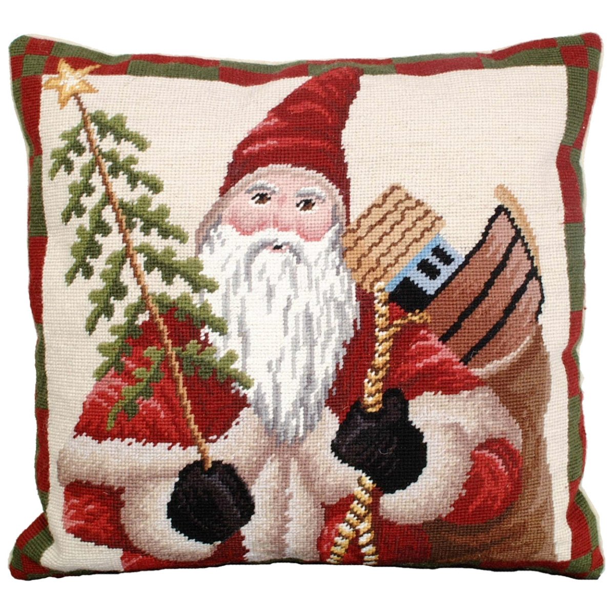 Santa Toys With Tree needlepoint holiday throw pillow with festive design