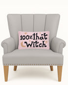 100% That Witch Hooked Wool Halloween Throw Pillow on an armchair, showing the throw pillow at room scale, 9x16 inch