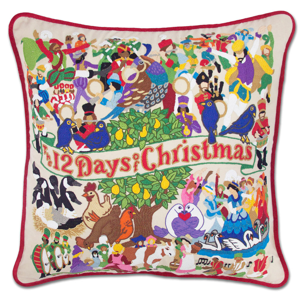 12 Days of Christmas Holiday embroidered throw pillow with festive design.