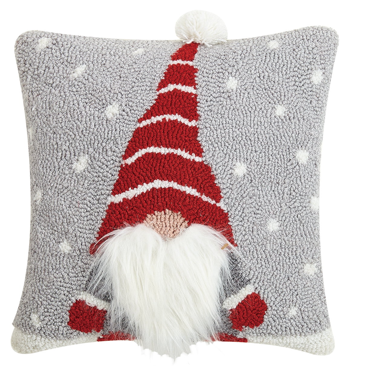 3D Gnome Hooked Wool Christmas Throw Pillow, 14x14 inch, front view