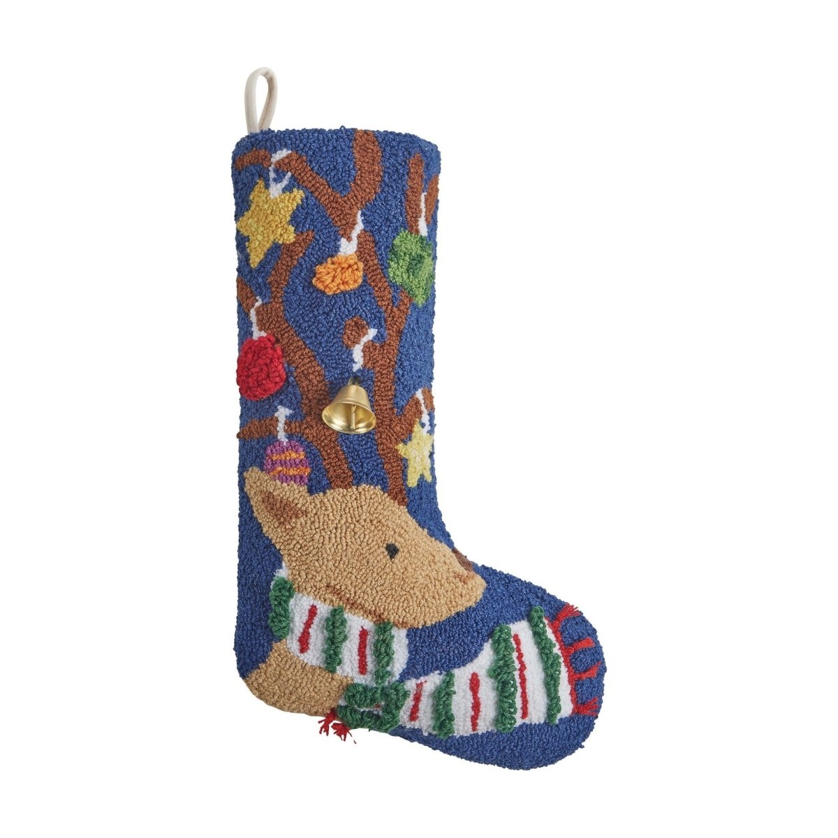 3D Reindeer with Bell Hooked Christmas Stocking, 12x20 inch, front view