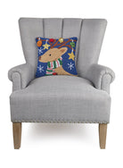 3D Reindeer with Bell Hooked Christmas Throw Pillow on an armchair, showing the throw pillow at room scale, 14x14 inch